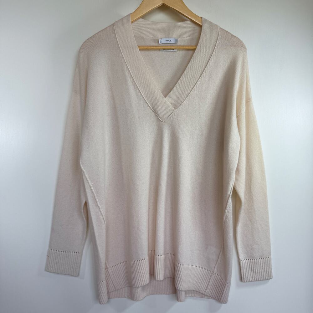 Vince Off White 100% Cashmere V-Neck Pointelle Trim Overlap Rib Knit Sweater S